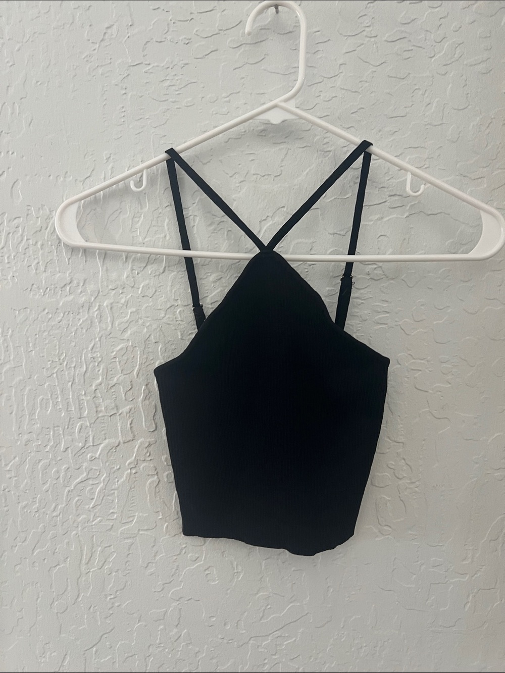 Princess Polly Black Ribbed Cropped Cami Top with Cross-Back Straps,